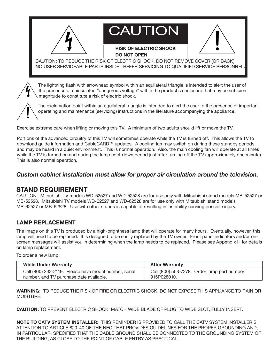 Mitsubishi Electronics WD-52527 manual Risk of Electric Shock Do not Open, While Under Warranty After Warranty 