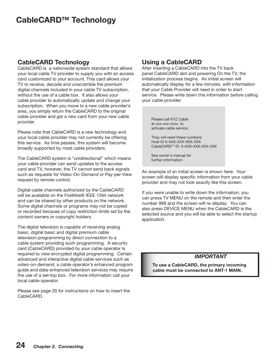 Mitsubishi Electronics WD-52527 manual CableCARD Technology, Using a CableCARD 