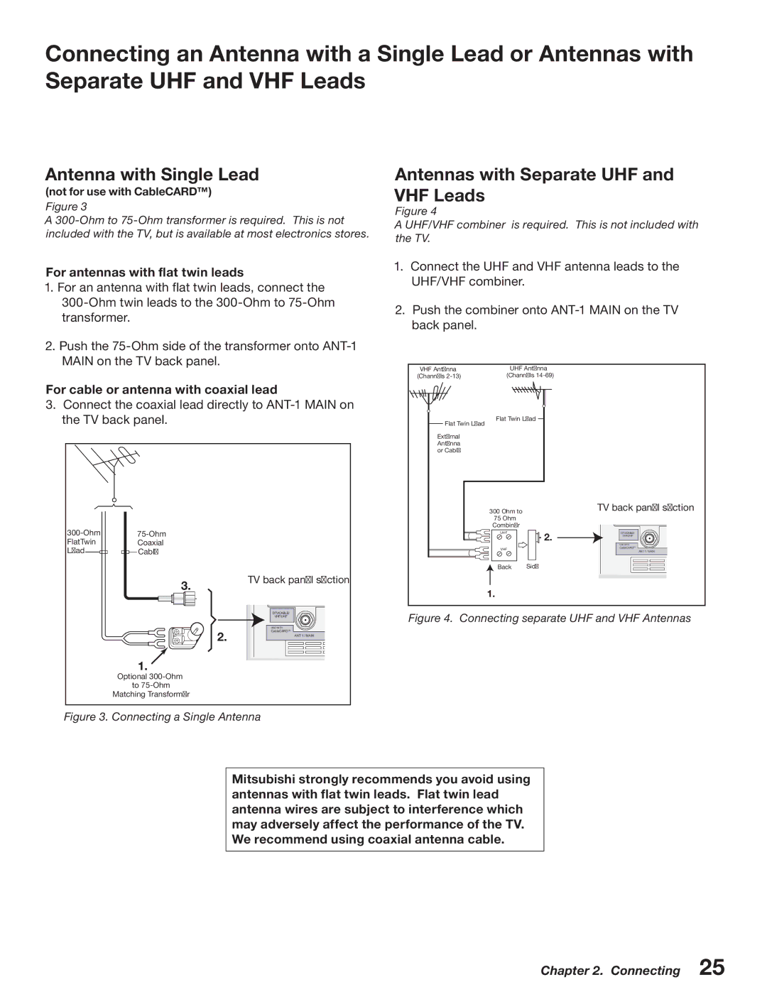 Mitsubishi Electronics WD-52527 manual For antennas with flat twin leads, For cable or antenna with coaxial lead 