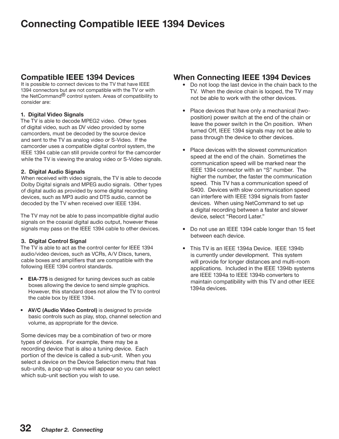 Mitsubishi Electronics WD-52527 Connecting Compatible Ieee 1394 Devices, Digital Video Signals, Digital Audio Signals 