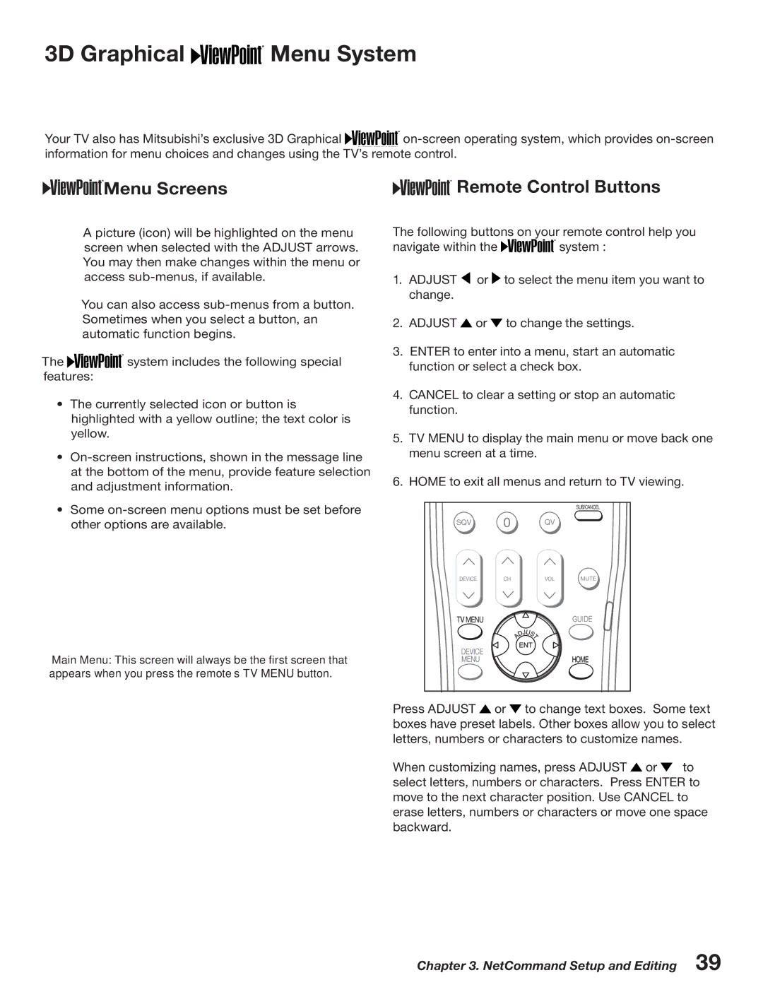 Mitsubishi Electronics WD-52527 manual 3D Graphical Menu System, Remote Control Buttons 