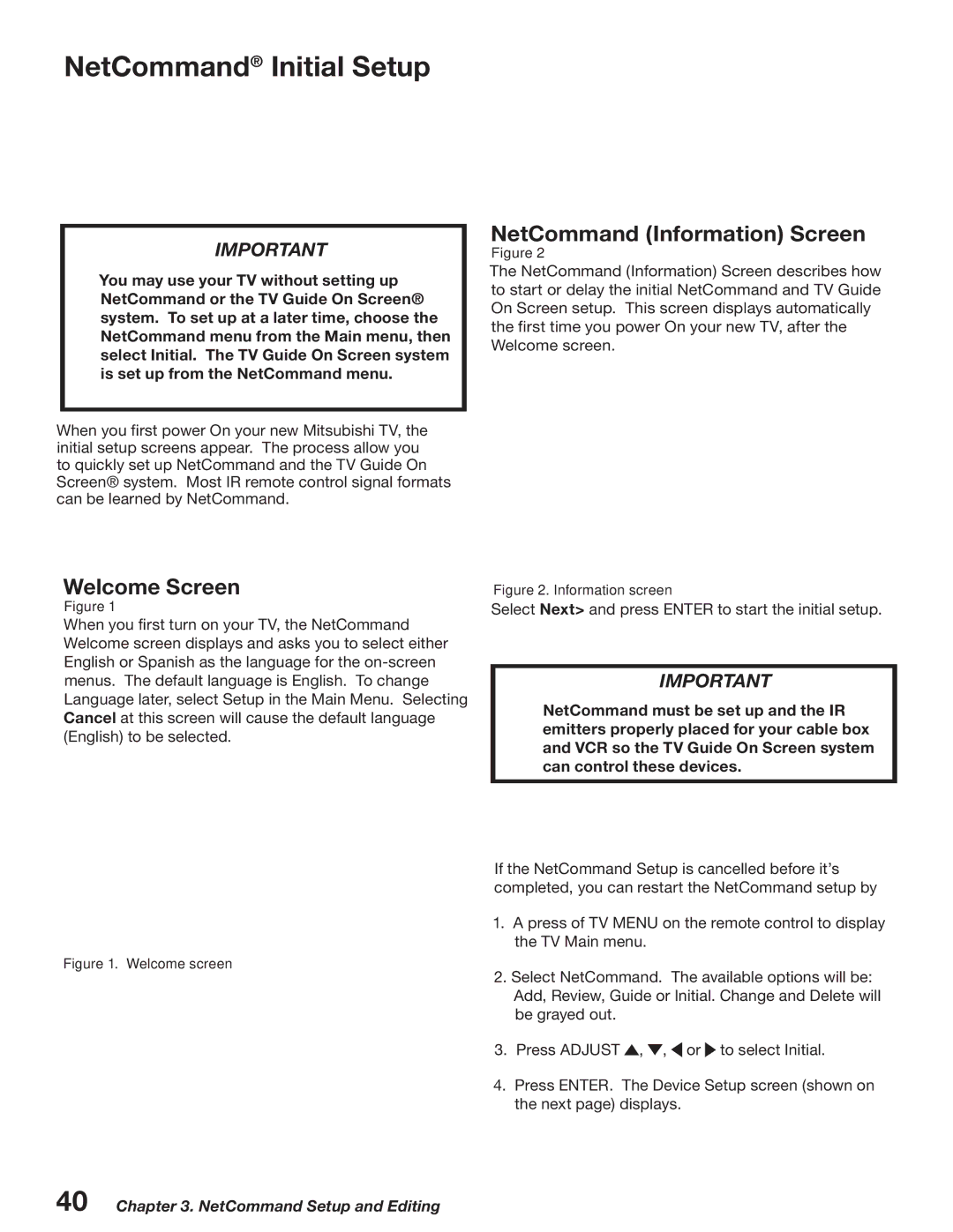 Mitsubishi Electronics WD-52527 manual NetCommand Initial Setup, NetCommand Information Screen, Welcome Screen 