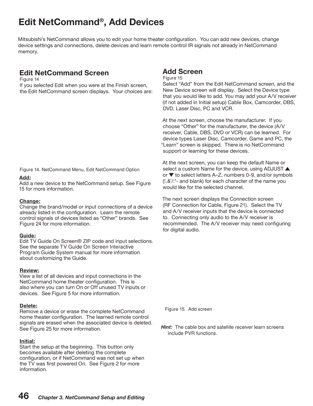 Mitsubishi Electronics WD-52527 manual Edit NetCommand, Add Devices, Edit NetCommand Screen, Add Screen 