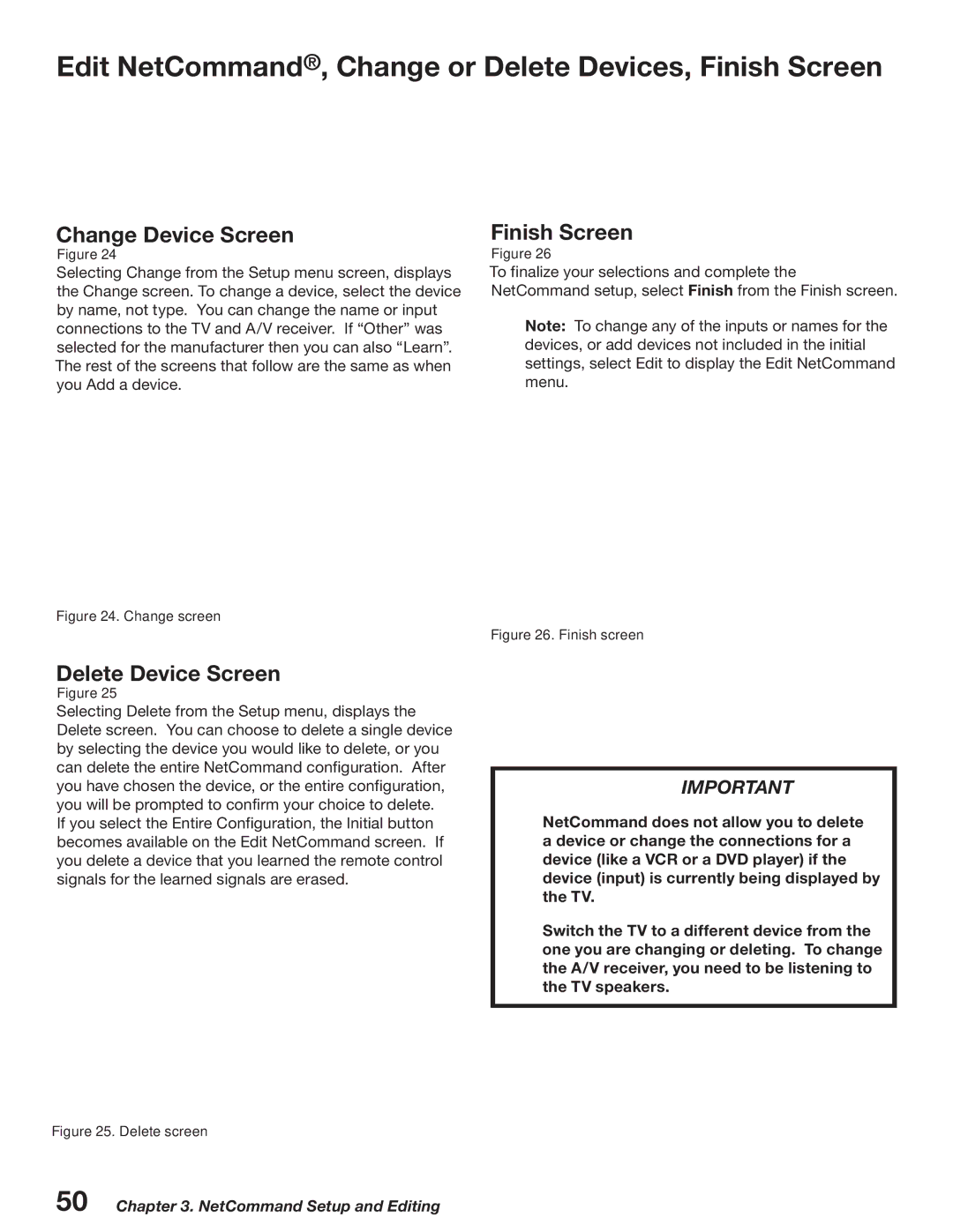 Mitsubishi Electronics WD-52527 manual Edit NetCommand, Change or Delete Devices, Finish Screen, Change Device Screen 