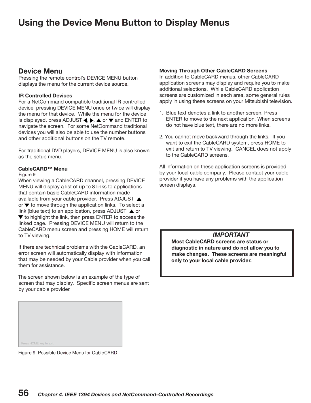 Mitsubishi Electronics WD-52527 manual Using the Device Menu Button to Display Menus, IR Controlled Devices, CableCARD Menu 