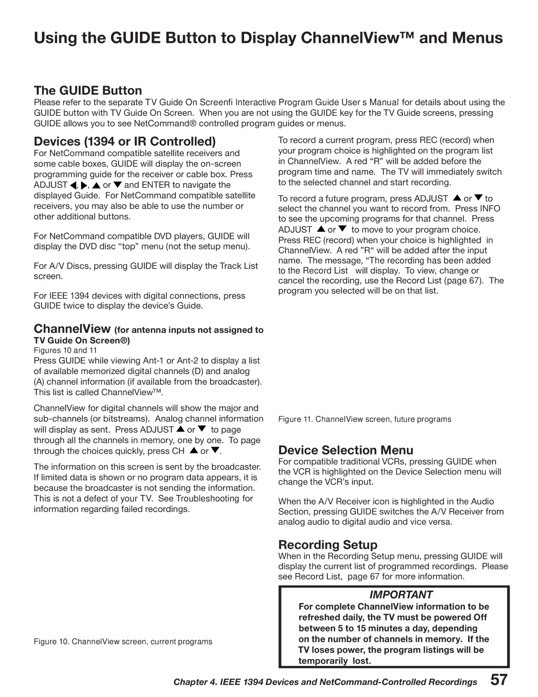 Mitsubishi Electronics WD-52527 Using the Guide Button to Display ChannelView and Menus, Devices 1394 or IR Controlled 