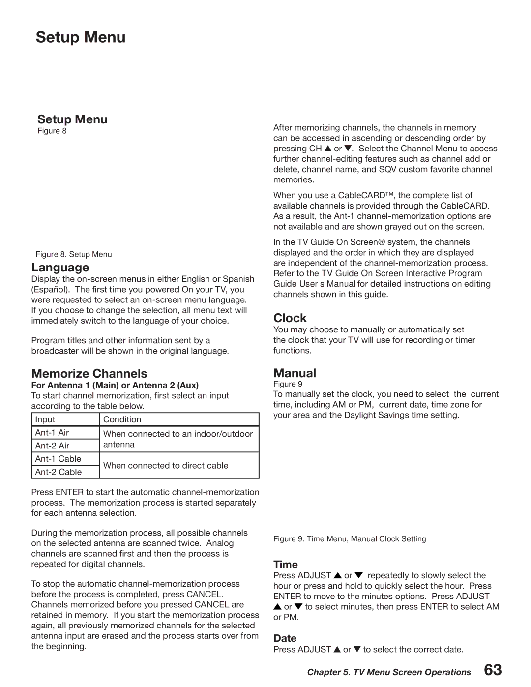 Mitsubishi Electronics WD-52527 manual Setup Menu, Language, Clock, Memorize Channels, Manual 