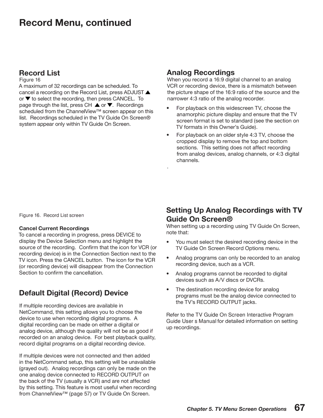 Mitsubishi Electronics WD-52527 Record List, Default Digital Record Device, Analog Recordings, Cancel Current Recordings 