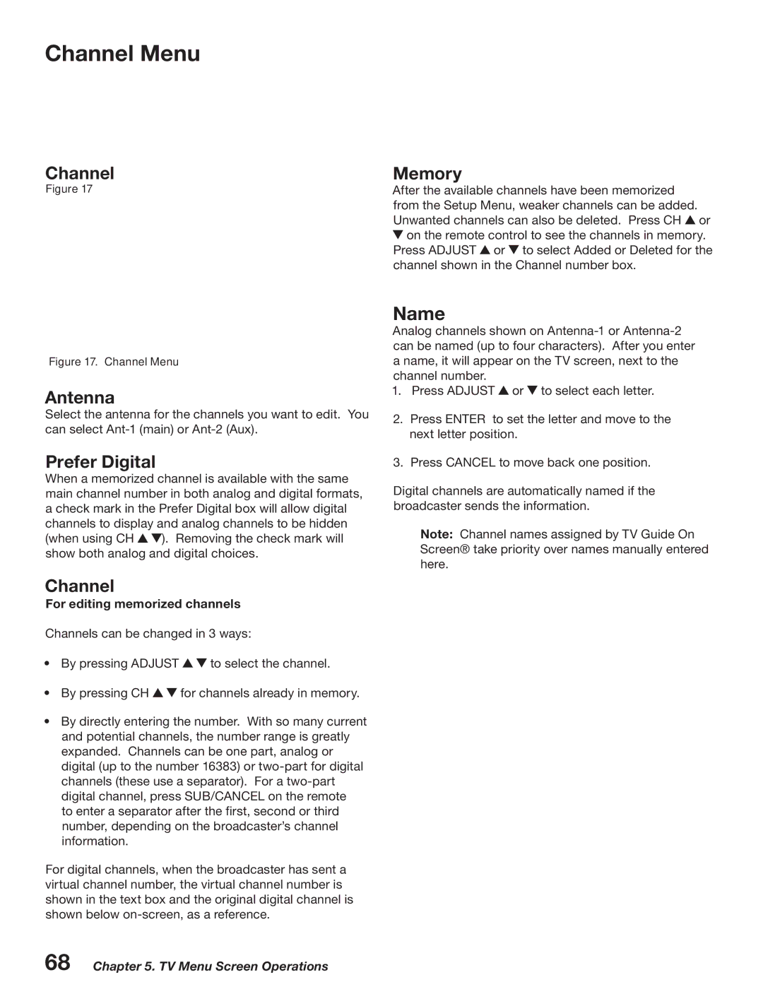 Mitsubishi Electronics WD-52527 manual Channel Menu, Antenna, Prefer Digital, Memory, For editing memorized channels 