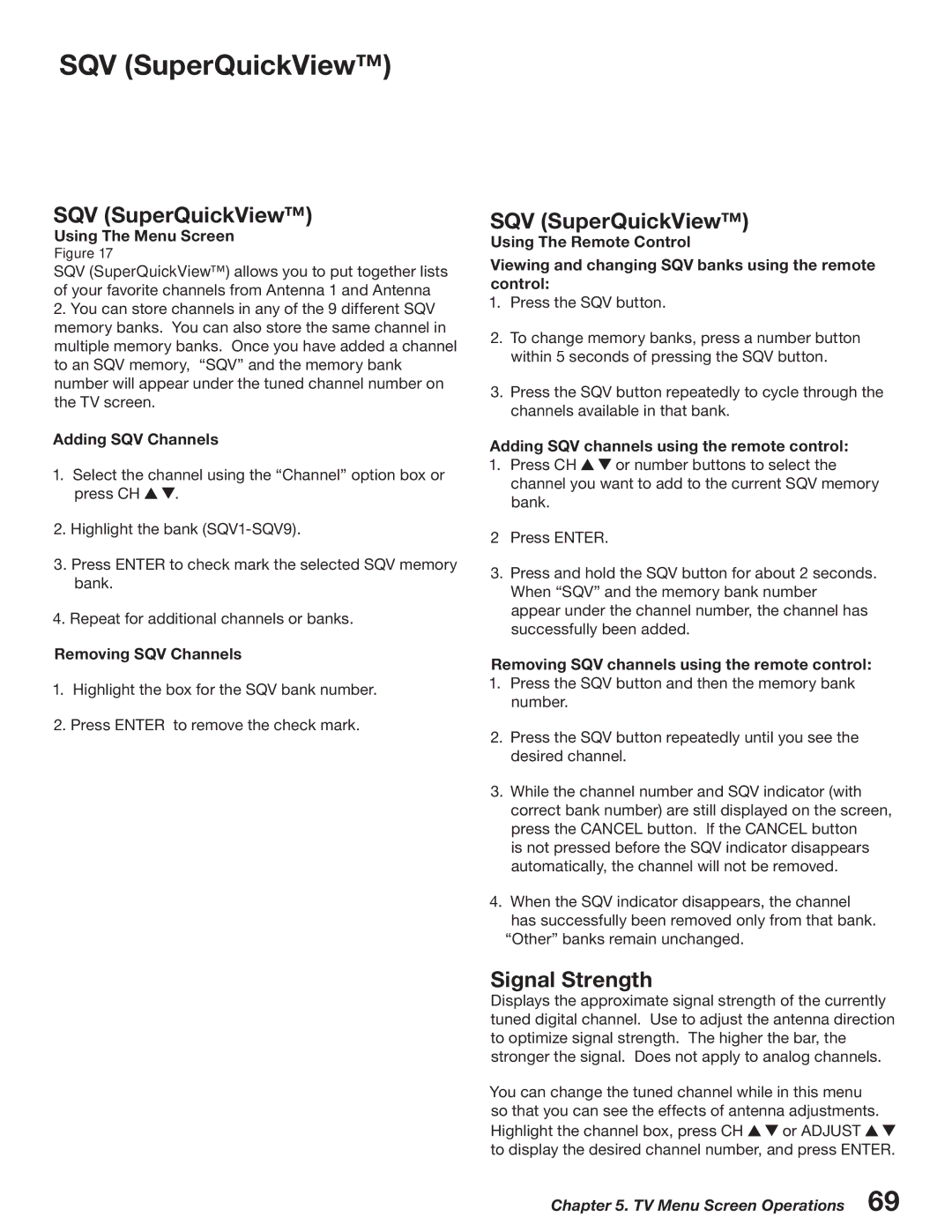 Mitsubishi Electronics WD-52527 manual SQV SuperQuickView, Signal Strength 