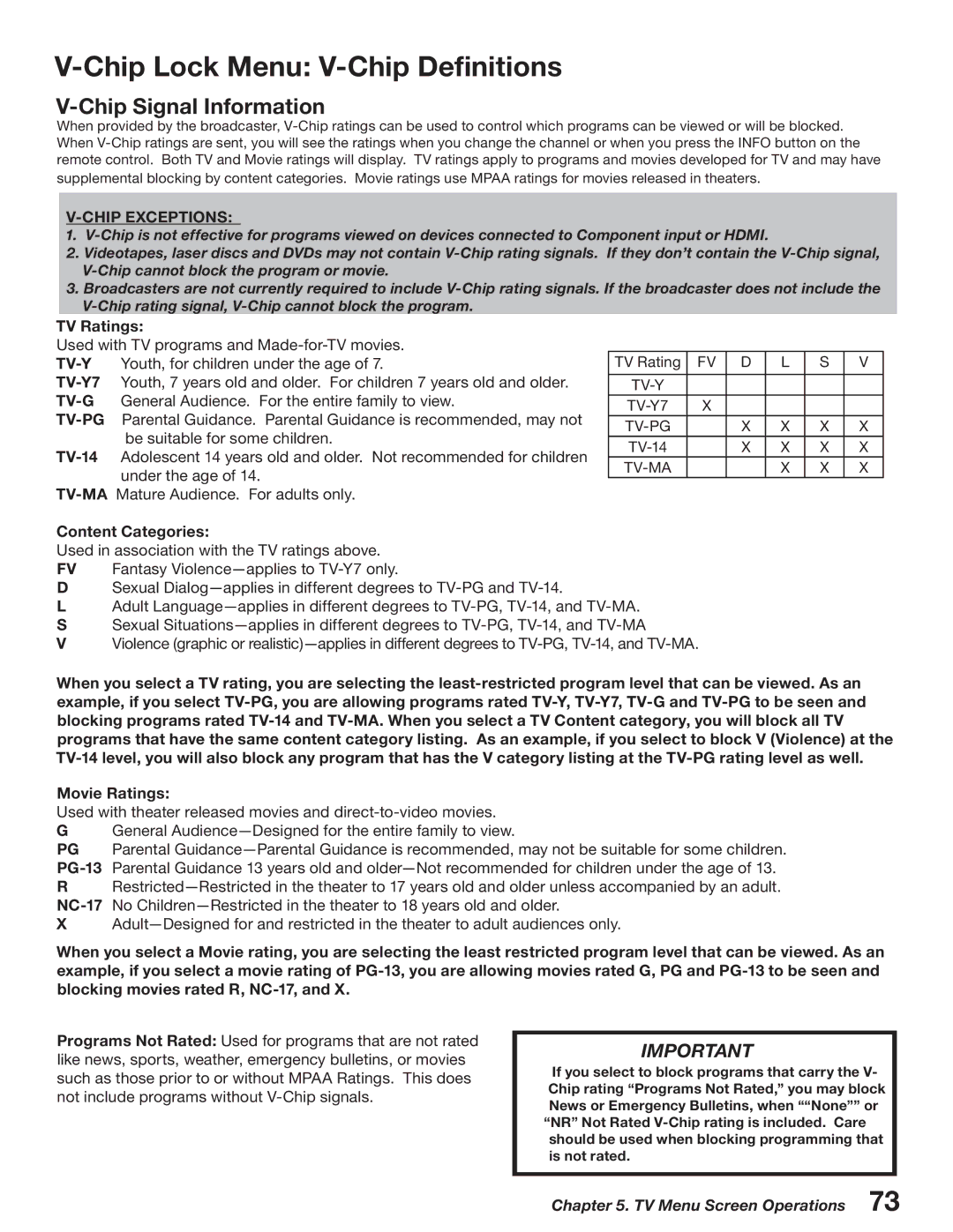 Mitsubishi Electronics WD-52527 Chip Lock Menu V-Chip Definitions, Chip Signal Information, TV Ratings, Content Categories 