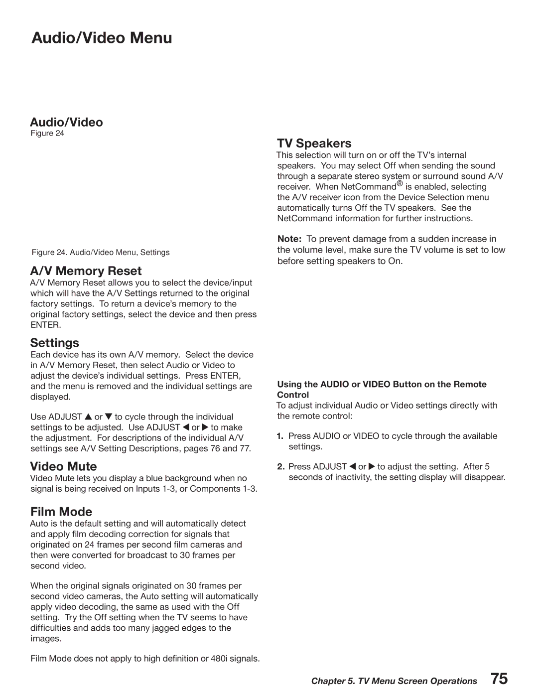 Mitsubishi Electronics WD-52527 manual Audio/Video Menu 