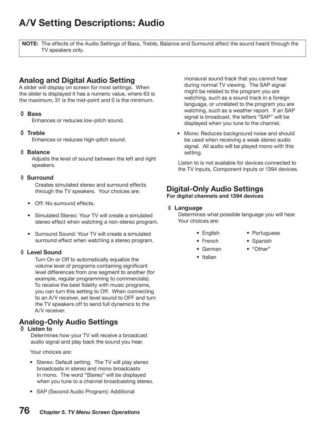 Mitsubishi Electronics WD-52527 Setting Descriptions Audio, Analog and Digital Audio Setting, Digital-Only Audio Settings 