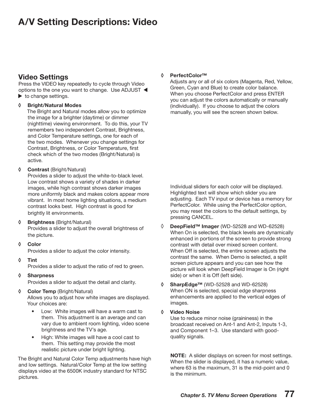 Mitsubishi Electronics WD-52527 manual Setting Descriptions Video, Video Settings 