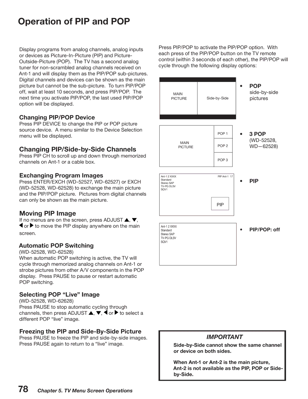 Mitsubishi Electronics WD-52527 manual Operation of PIP and POP, PIP/POP off 