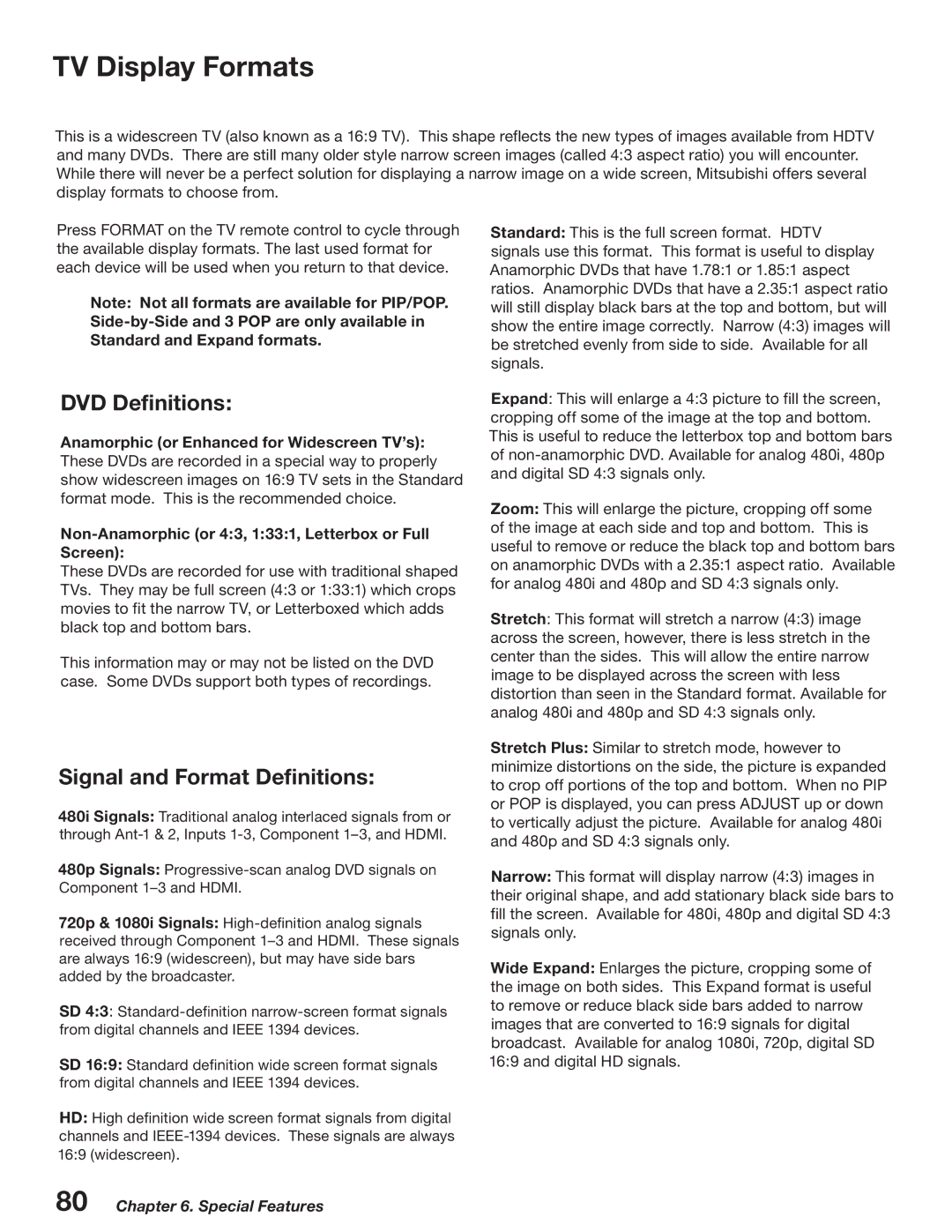 Mitsubishi Electronics WD-52527 manual TV Display Formats, DVD Definitions, Signal and Format Definitions 