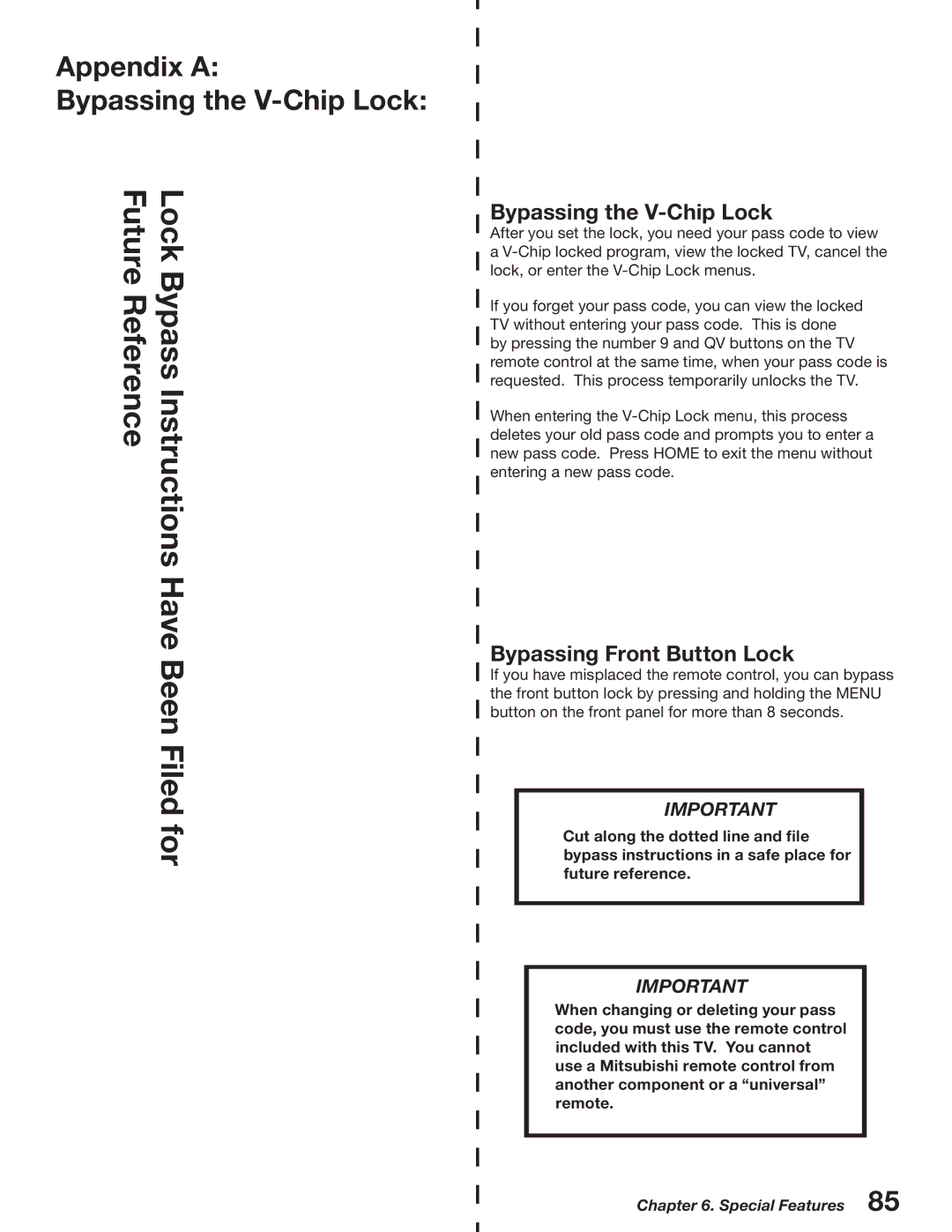 Mitsubishi Electronics WD-52527 manual Appendix a Bypassing the V-Chip Lock, Bypassing Front Button Lock 