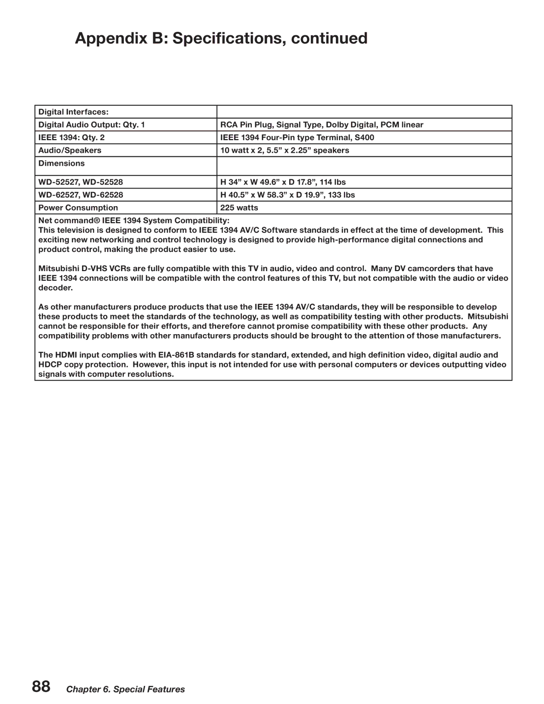 Mitsubishi Electronics WD-52527 manual Appendix B Specifications 