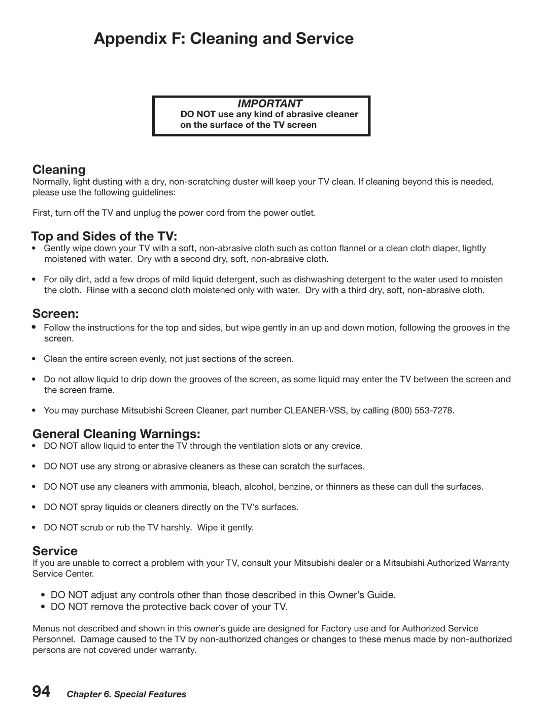 Mitsubishi Electronics WD-52527 manual Appendix F Cleaning and Service 