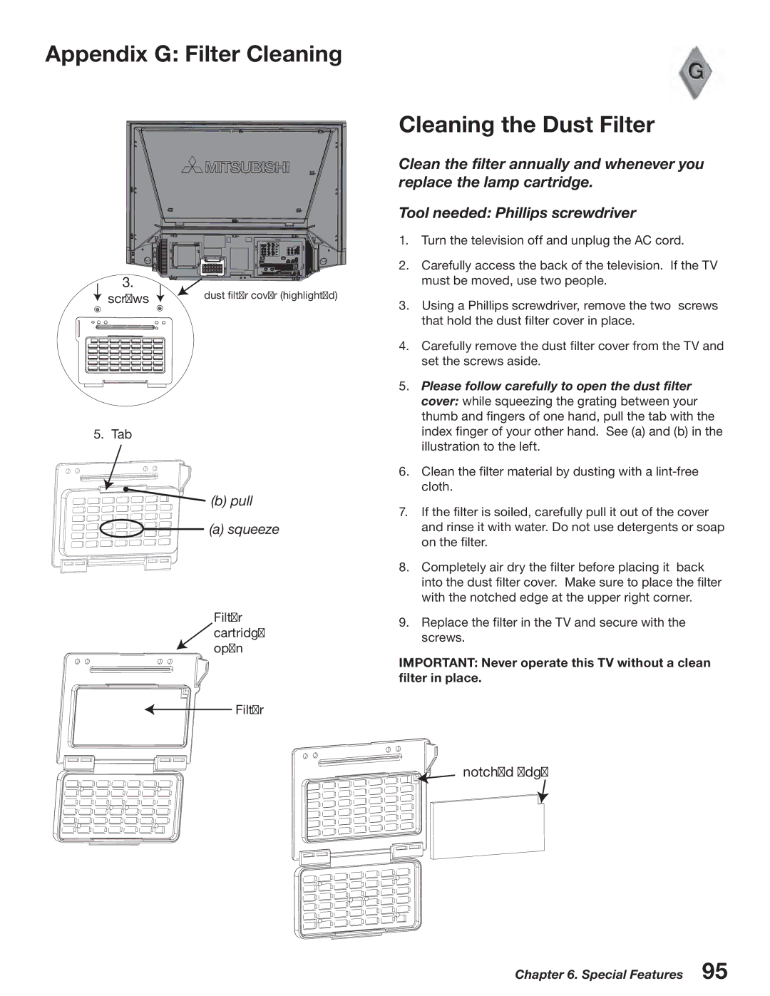 Mitsubishi Electronics WD-52527 manual Appendix G Filter Cleaning, Cleaning the Dust Filter 