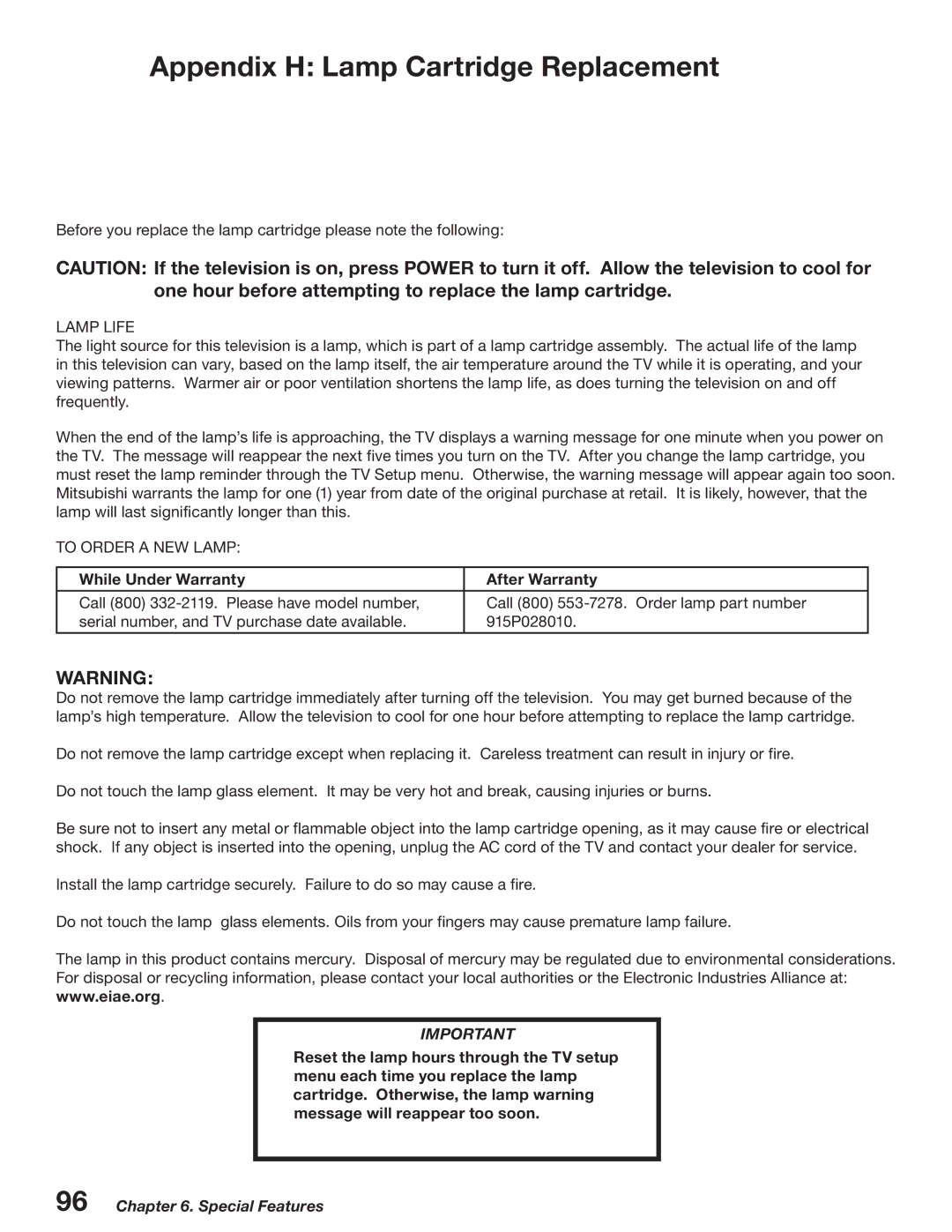 Mitsubishi Electronics WD-52527 manual Appendix H Lamp Cartridge Replacement, Lamp Life 