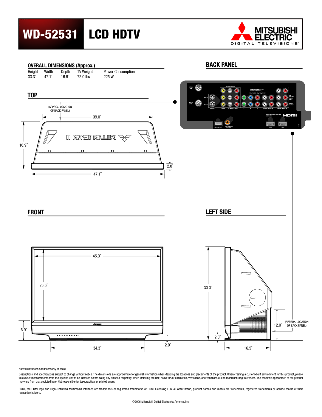 Mitsubishi Electronics dimensions WD-52531 LCD Hdtv, Top, Front Left Side 