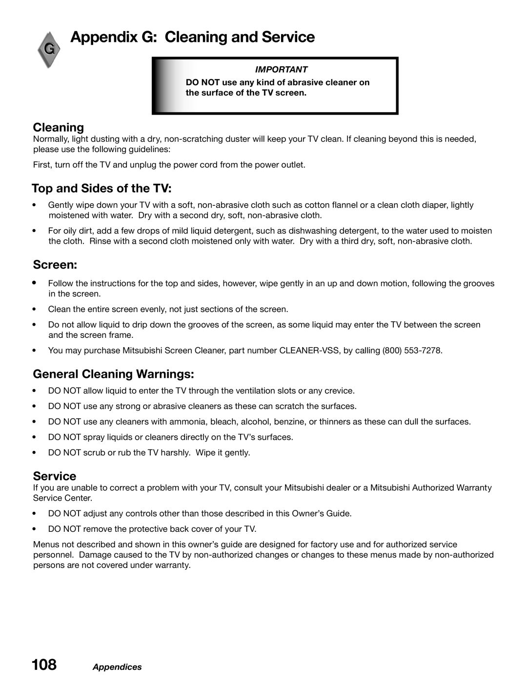 Mitsubishi Electronics WD-52627, WD-62627 manual Appendix G Cleaning and Service 