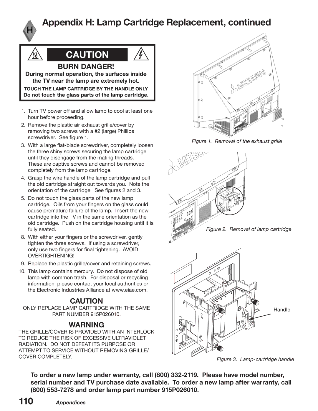 Mitsubishi Electronics WD-52627, WD-62627 manual Burn Danger, Do not touch the glass parts of the lamp cartridge 