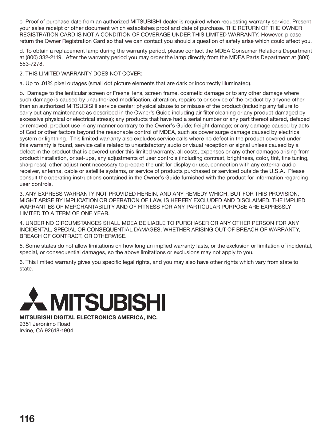 Mitsubishi Electronics WD-52627, WD-62627 manual 116, This Limited Warranty does not Cover 