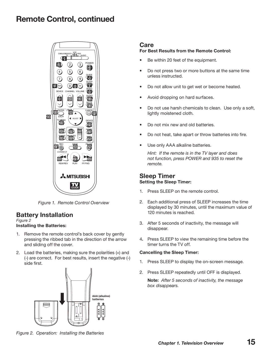 Mitsubishi Electronics WD-62627, WD-52627 manual Care, Battery Installation, Sleep Timer 