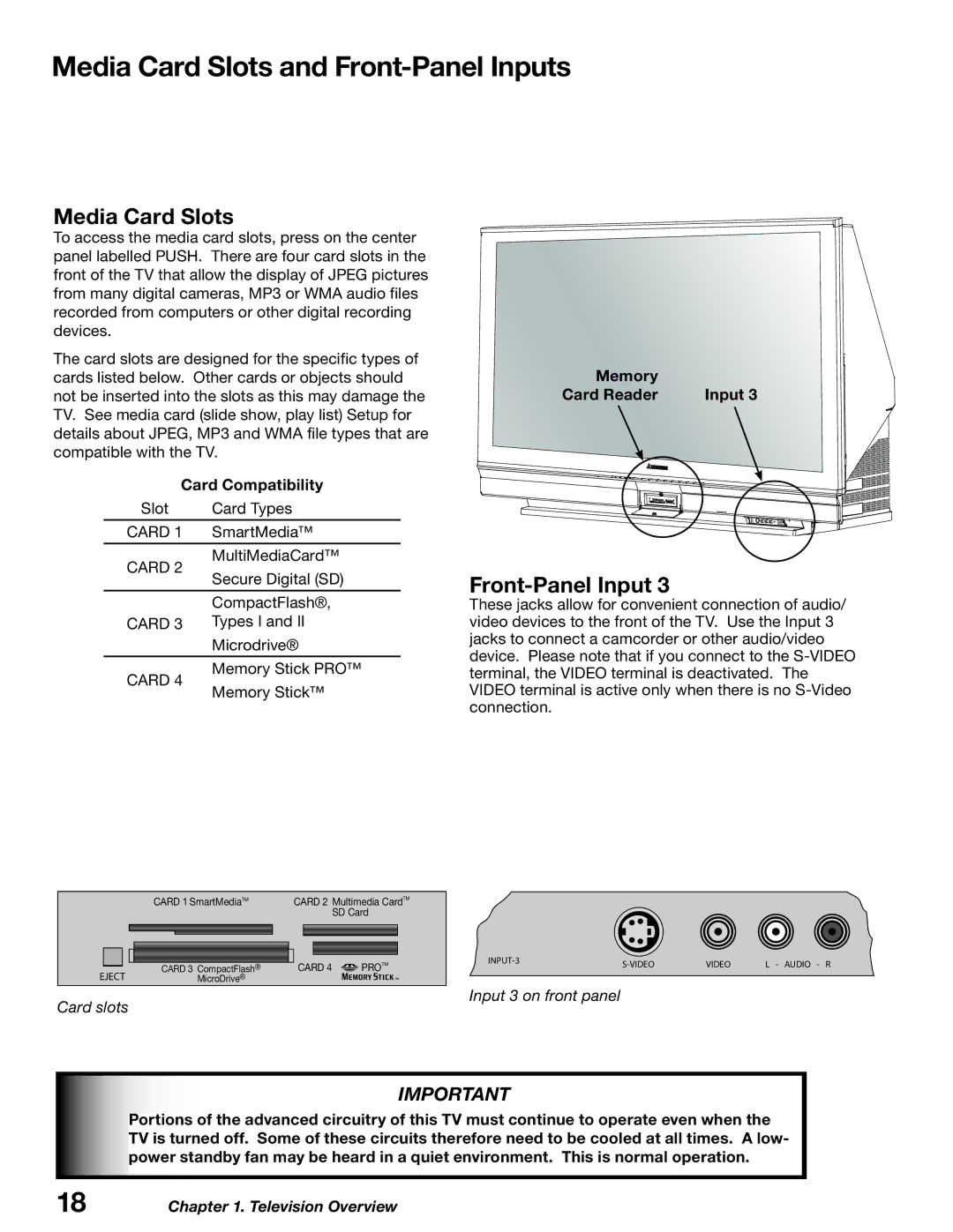 Mitsubishi Electronics WD-52627 Media Card Slots and Front-Panel Inputs, Card Compatibility, Memory Card Reader Input 