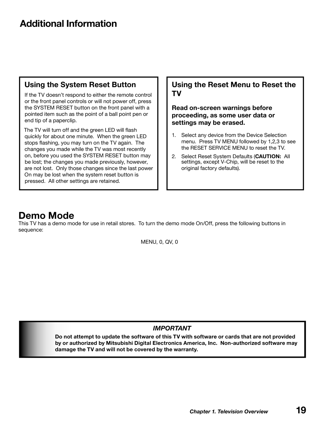 Mitsubishi Electronics WD-62627, WD-52627 manual Additional Information, Demo Mode, Using the System Reset Button 