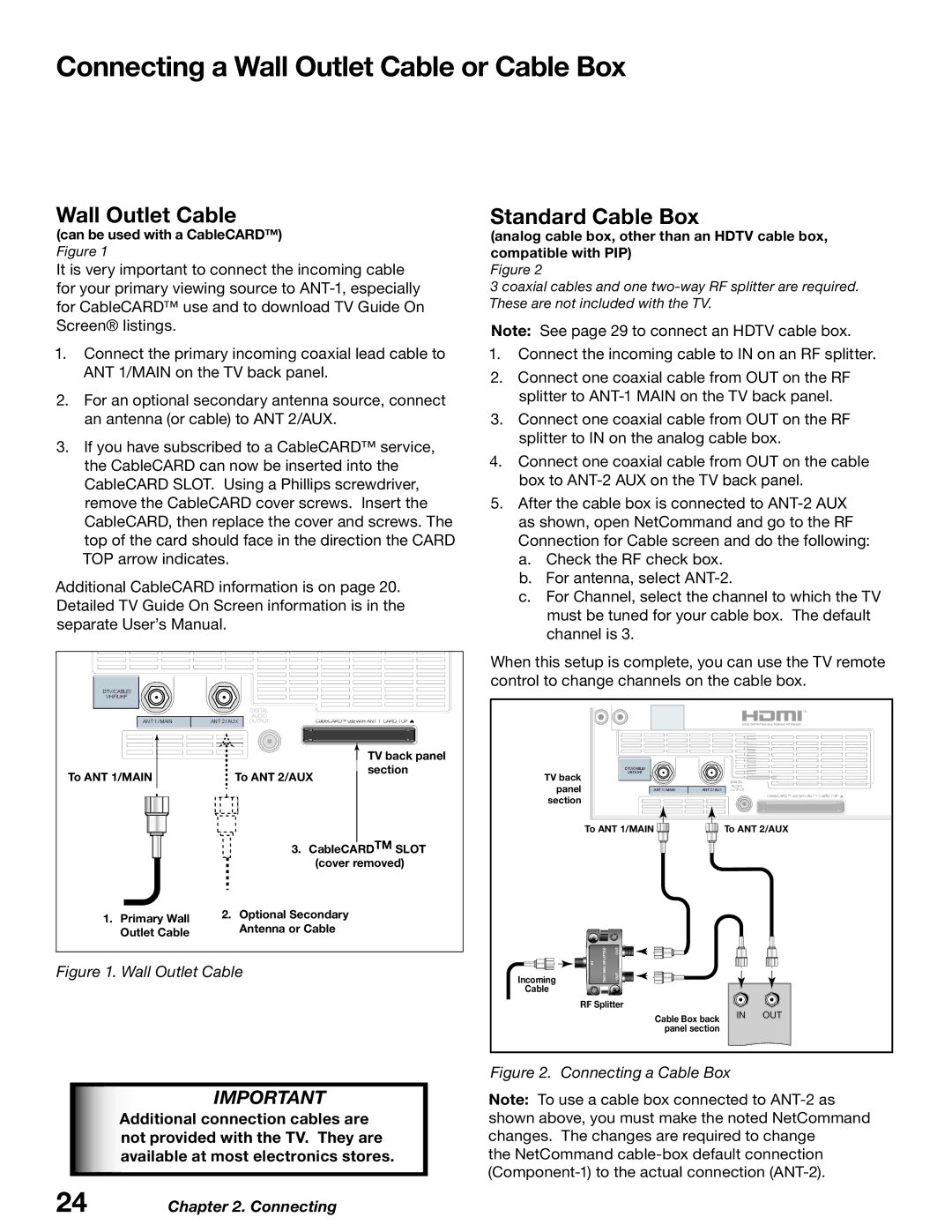 Mitsubishi Electronics WD-52627, WD-62627 manual Connecting a Wall Outlet Cable or Cable Box, Standard Cable Box 