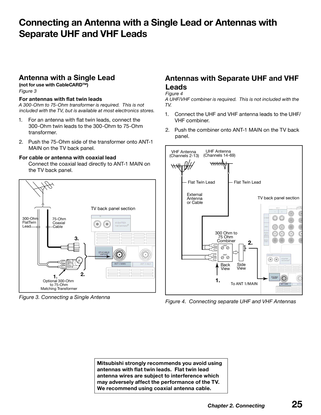 Mitsubishi Electronics WD-62627, WD-52627 manual Antenna with a Single Lead, Antennas with Separate UHF and VHF Leads 