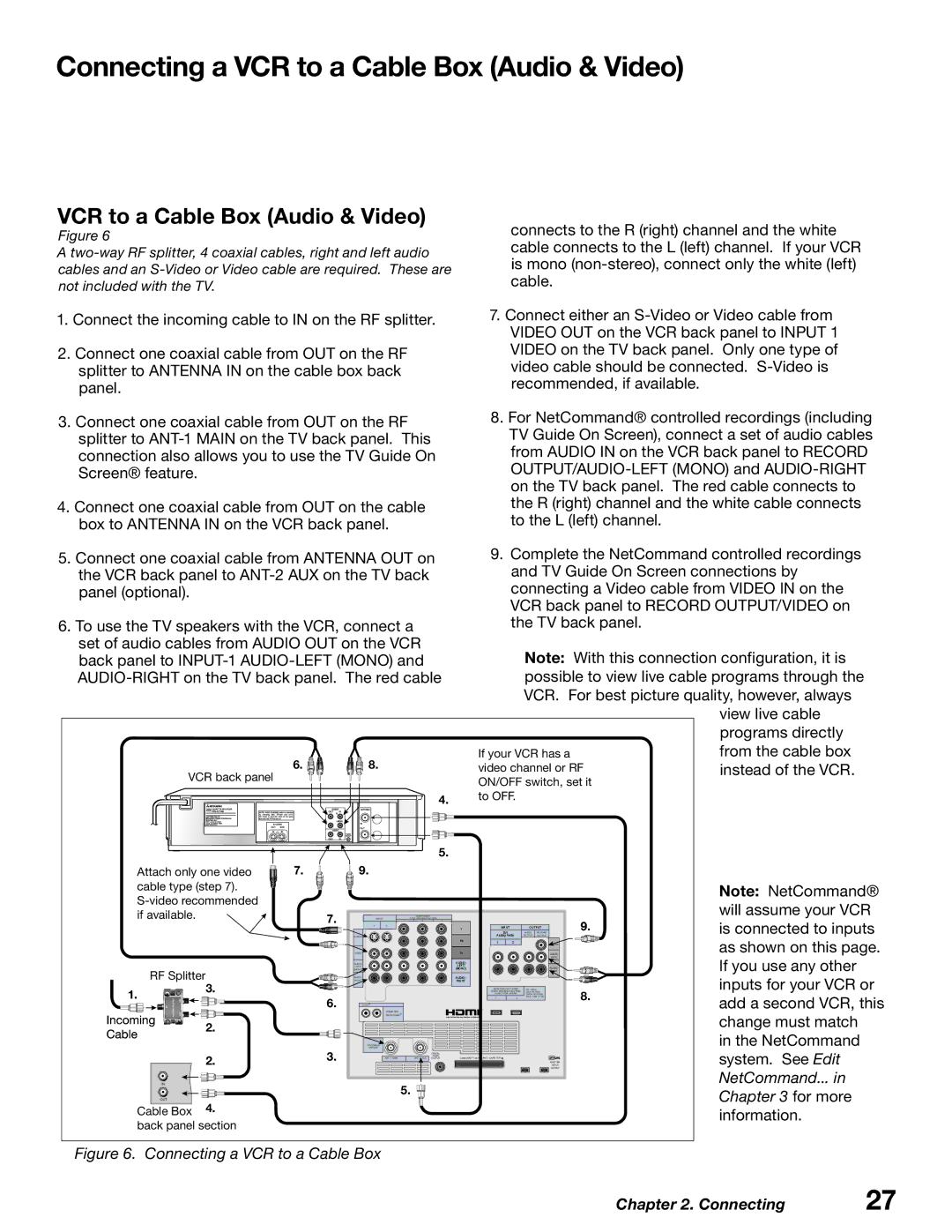 Mitsubishi Electronics WD-62627, WD-52627 manual Connecting a VCR to a Cable Box Audio & Video 