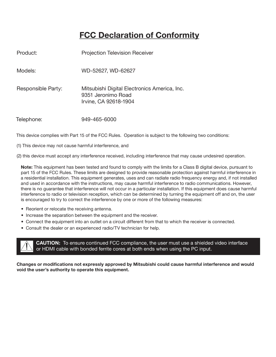 Mitsubishi Electronics WD-62627, WD-52627 manual FCC Declaration of Conformity 