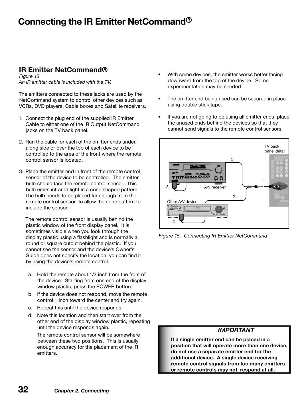 Mitsubishi Electronics WD-52627 manual Connecting the IR Emitter NetCommand, An IR emitter cable is included with the TV 