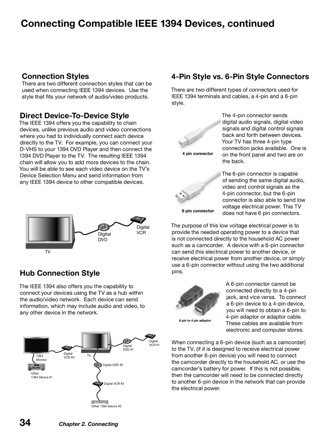 Mitsubishi Electronics WD-52627 manual Connection Styles, Pin Style vs -Pin Style Connectors, Direct Device-To-Device Style 