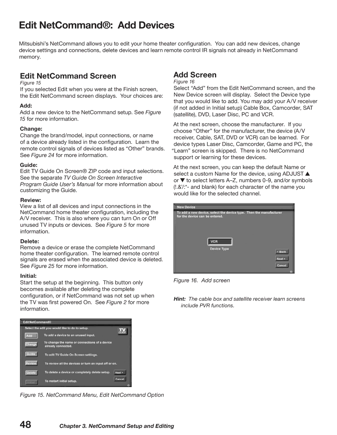 Mitsubishi Electronics WD-52627, WD-62627 manual Edit NetCommand Add Devices, Edit NetCommand Screen, Add Screen 