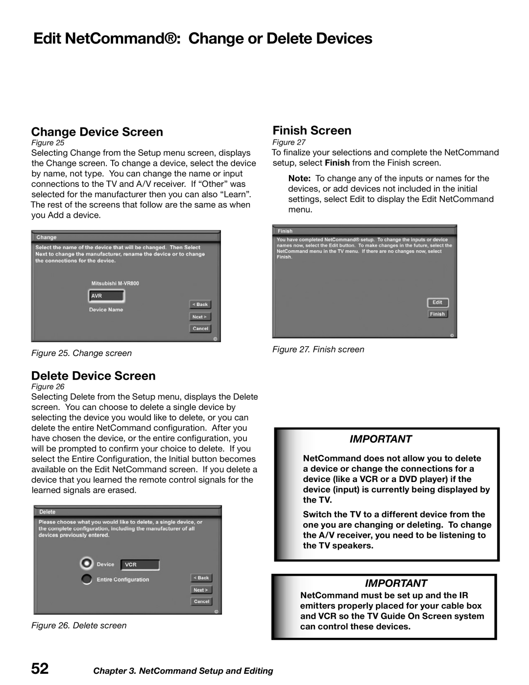 Mitsubishi Electronics WD-52627 manual Edit NetCommand Change or Delete Devices, Change Device Screen, Delete Device Screen 