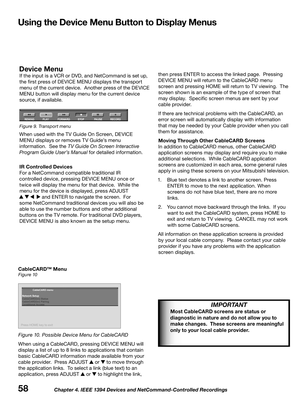 Mitsubishi Electronics WD-52627 manual Using the Device Menu Button to Display Menus, IR Controlled Devices, CableCARD Menu 