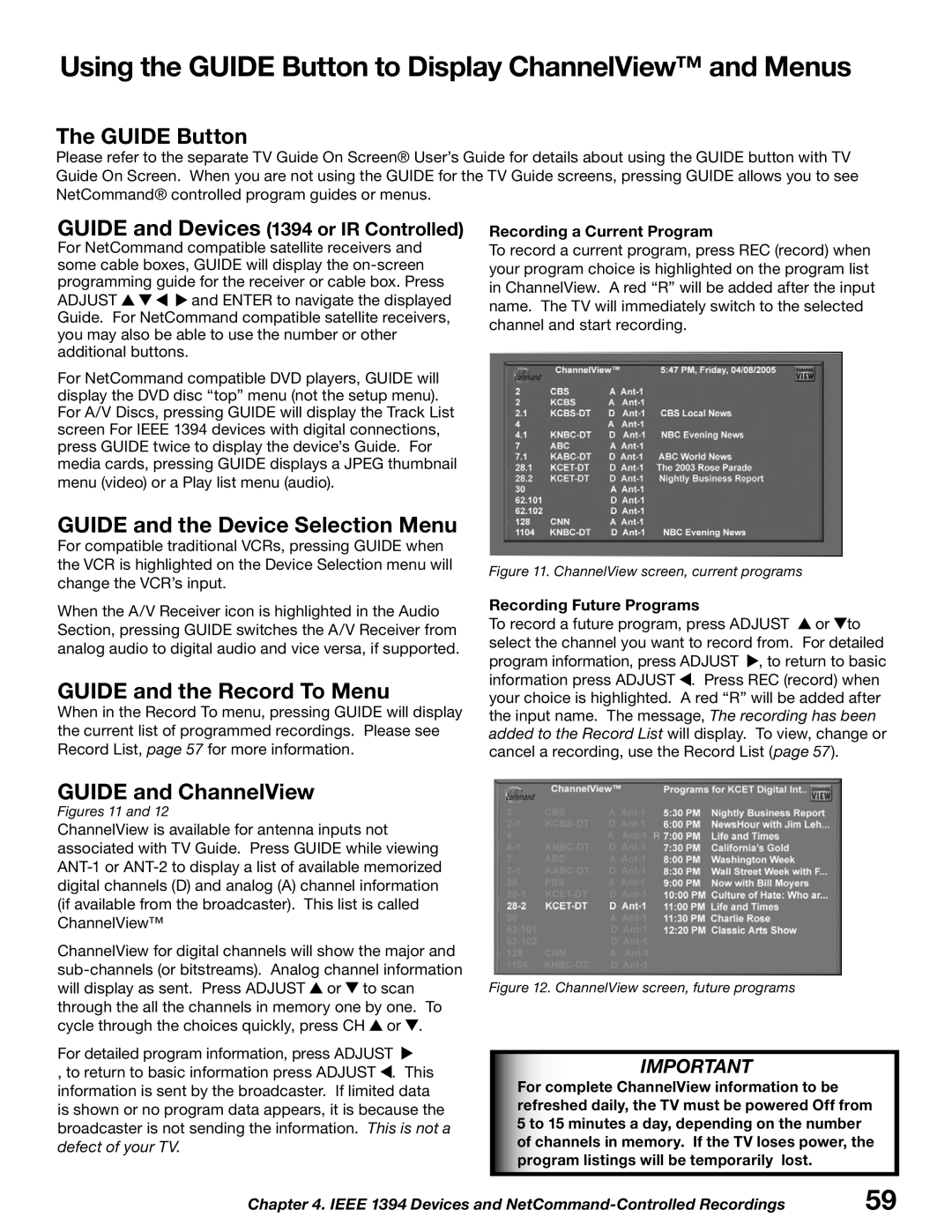 Mitsubishi Electronics WD-62627 Using the Guide Button to Display ChannelView and Menus, Guide and the Record To Menu 