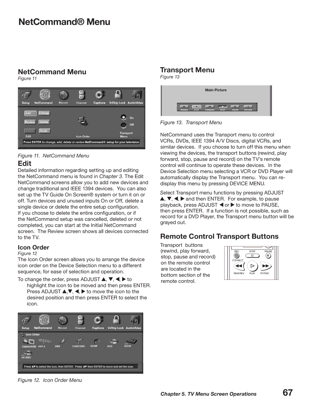 Mitsubishi Electronics WD-62627 manual NetCommand Menu, Edit, Transport Menu, Remote Control Transport Buttons, Icon Order 