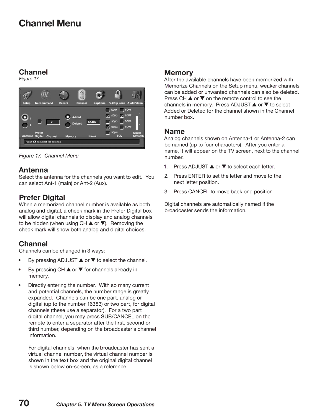 Mitsubishi Electronics WD-52627, WD-62627 manual Channel Menu, Antenna, Prefer Digital, Memory, Name 