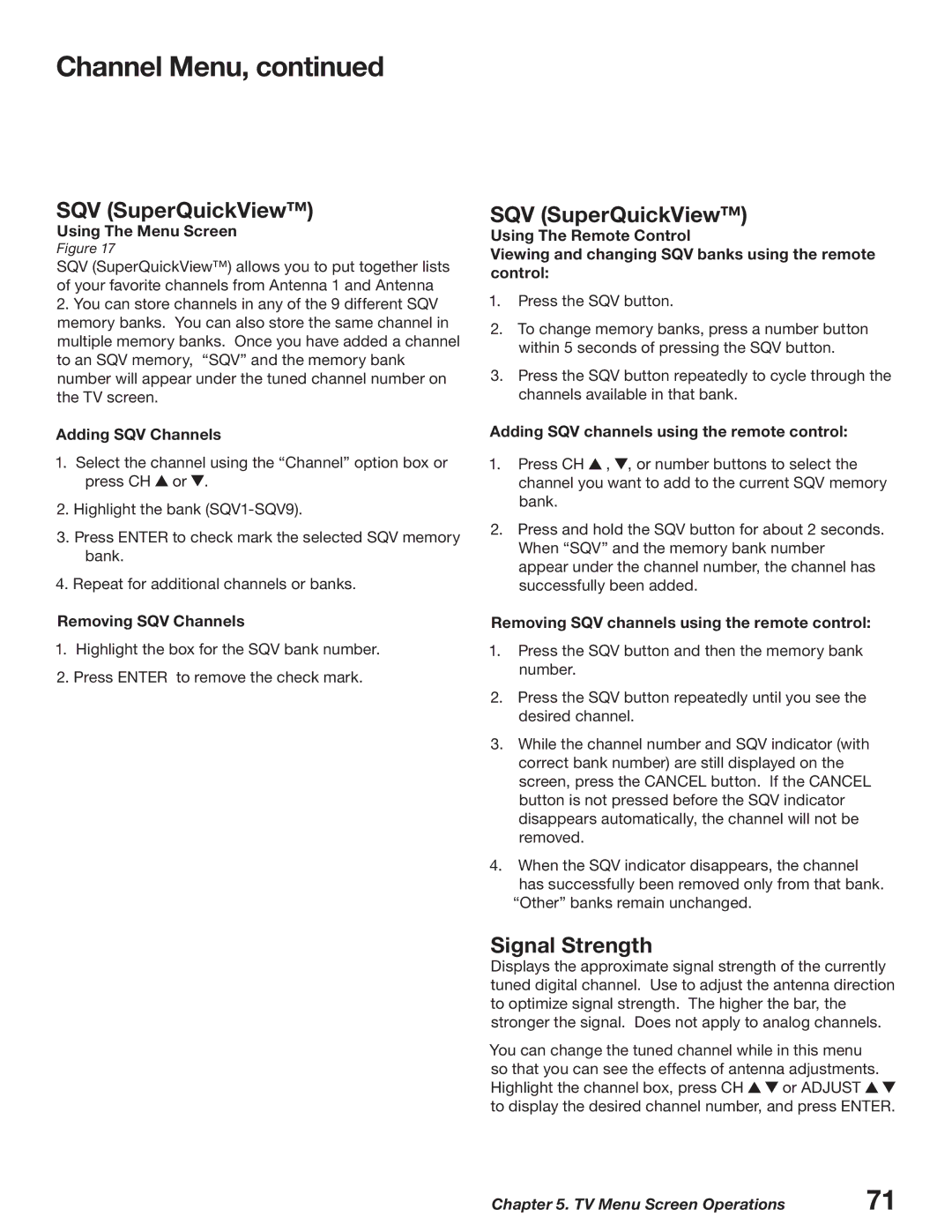 Mitsubishi Electronics WD-62627, WD-52627 manual SQV SuperQuickView, Signal Strength 