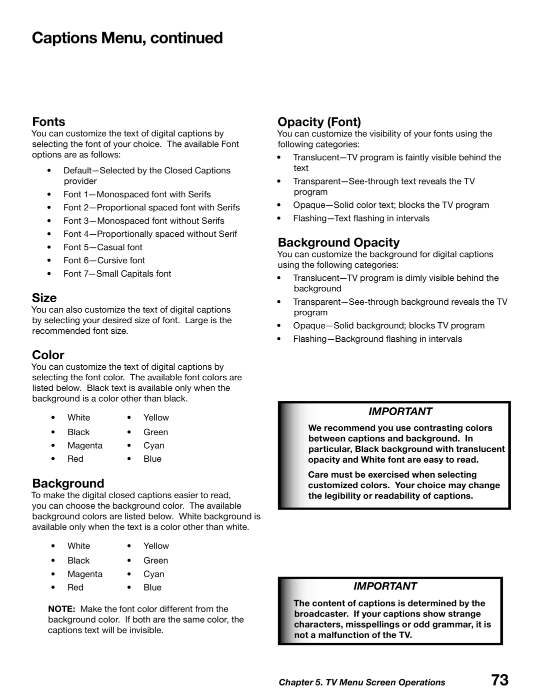 Mitsubishi Electronics WD-62627, WD-52627 manual Fonts, Size, Color, Opacity Font, Background Opacity 