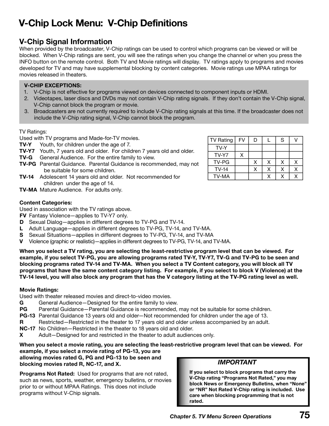 Mitsubishi Electronics WD-62627, WD-52627 Chip Lock Menu V-Chip Definitions, Chip Signal Information, Content Categories 