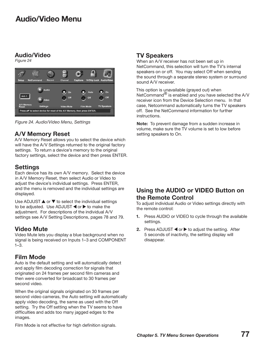 Mitsubishi Electronics WD-62627, WD-52627 manual Audio/Video Menu 