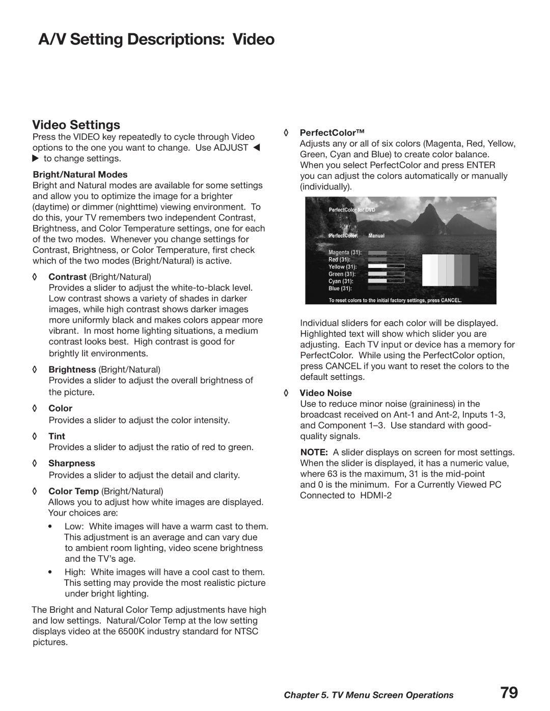 Mitsubishi Electronics WD-62627, WD-52627 manual Setting Descriptions Video, Video Settings 