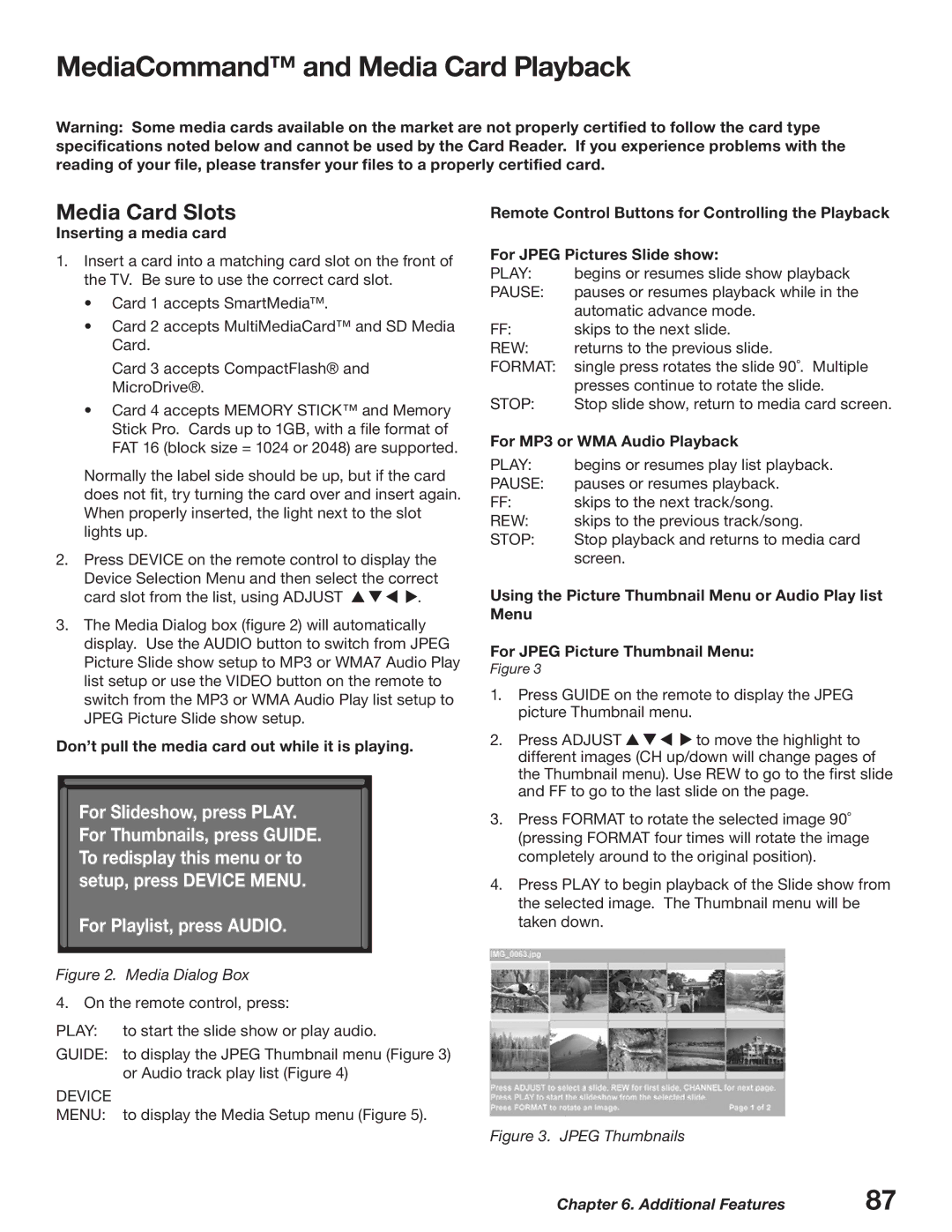 Mitsubishi Electronics WD-62627, WD-52627 manual MediaCommand and Media Card Playback, Inserting a media card 